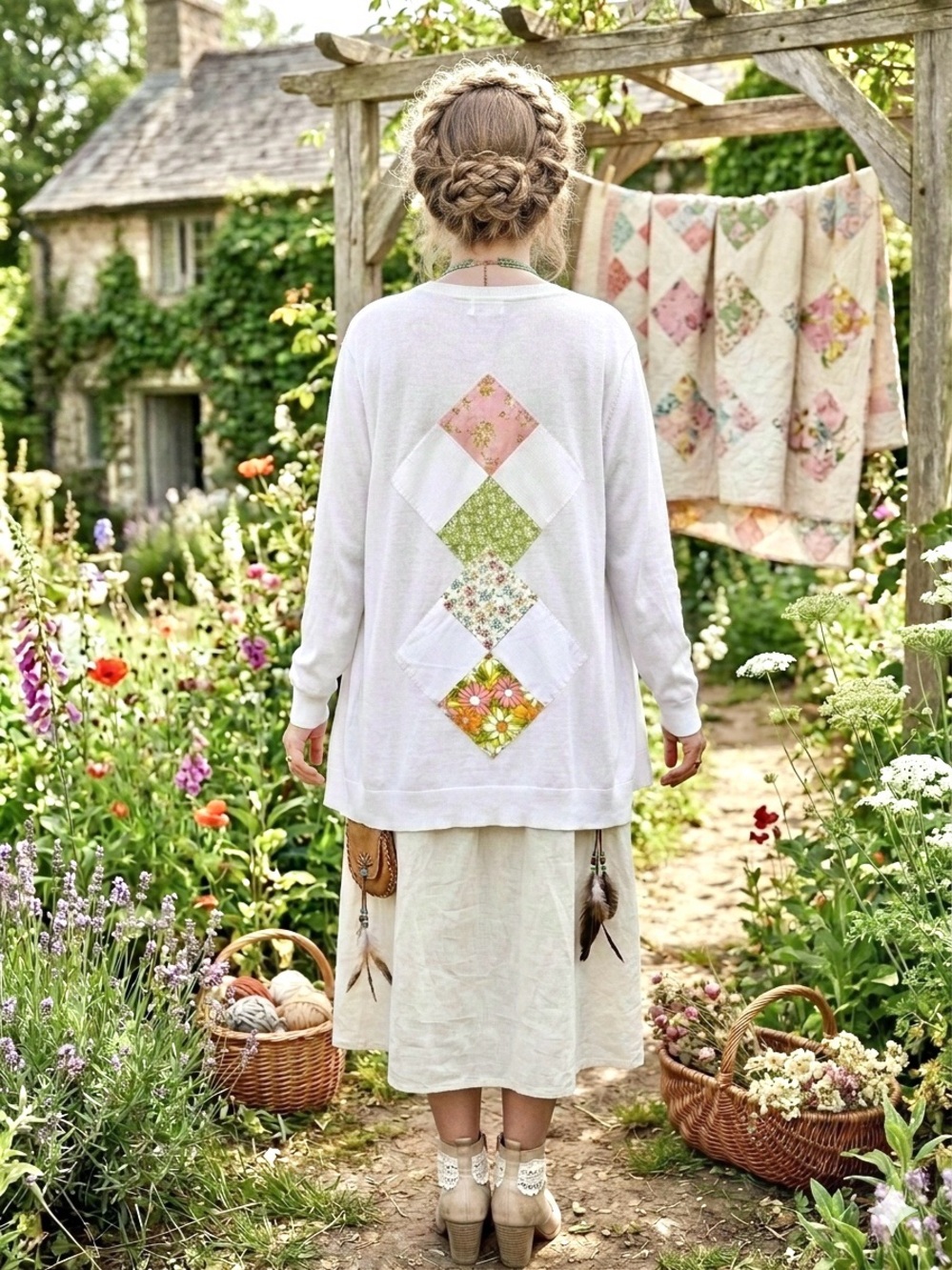 Artisan Cottagecore Patchwork granny back detailing boho sweater w prairie vibe
